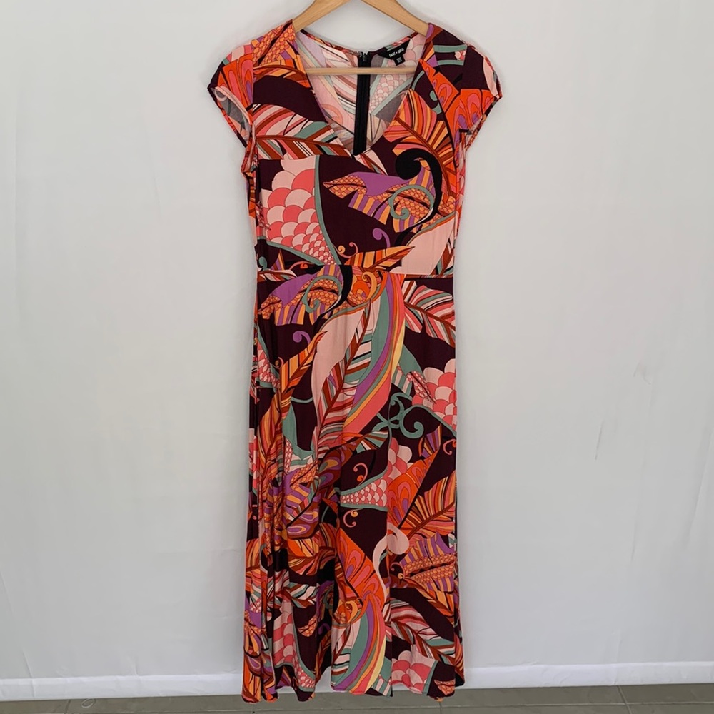 Saint + Sofia Jocelyn Cap Sleeve V-Neck Midi Dress Paisley Retro Red Palm Size 4 - Picture 3 of 16